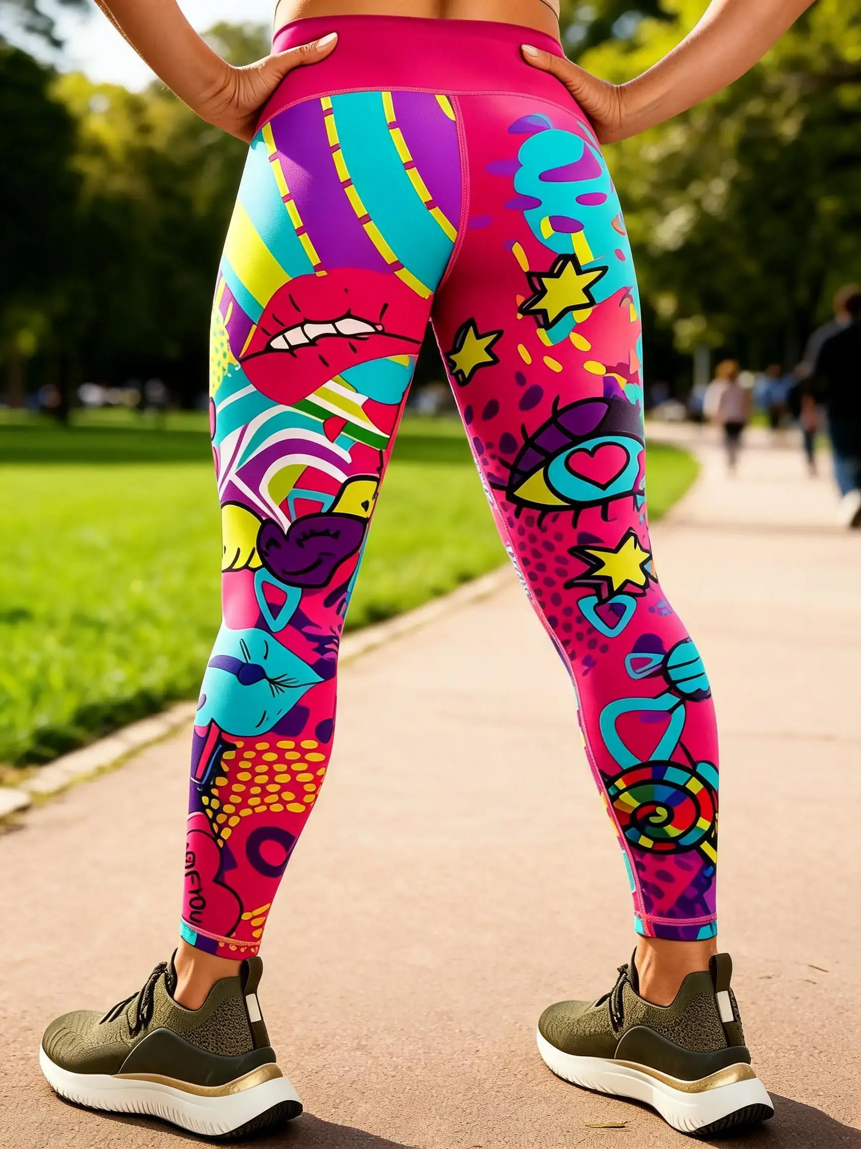 Colourful graffiti-print trousers featuring a cartoon bear – high-saturation, quirky, cute and vibrant women’s trousers. Perfect for parties, outings, travel and everyday wear; high-stretch, high-waisted, cool and breathable sports trousers leggings