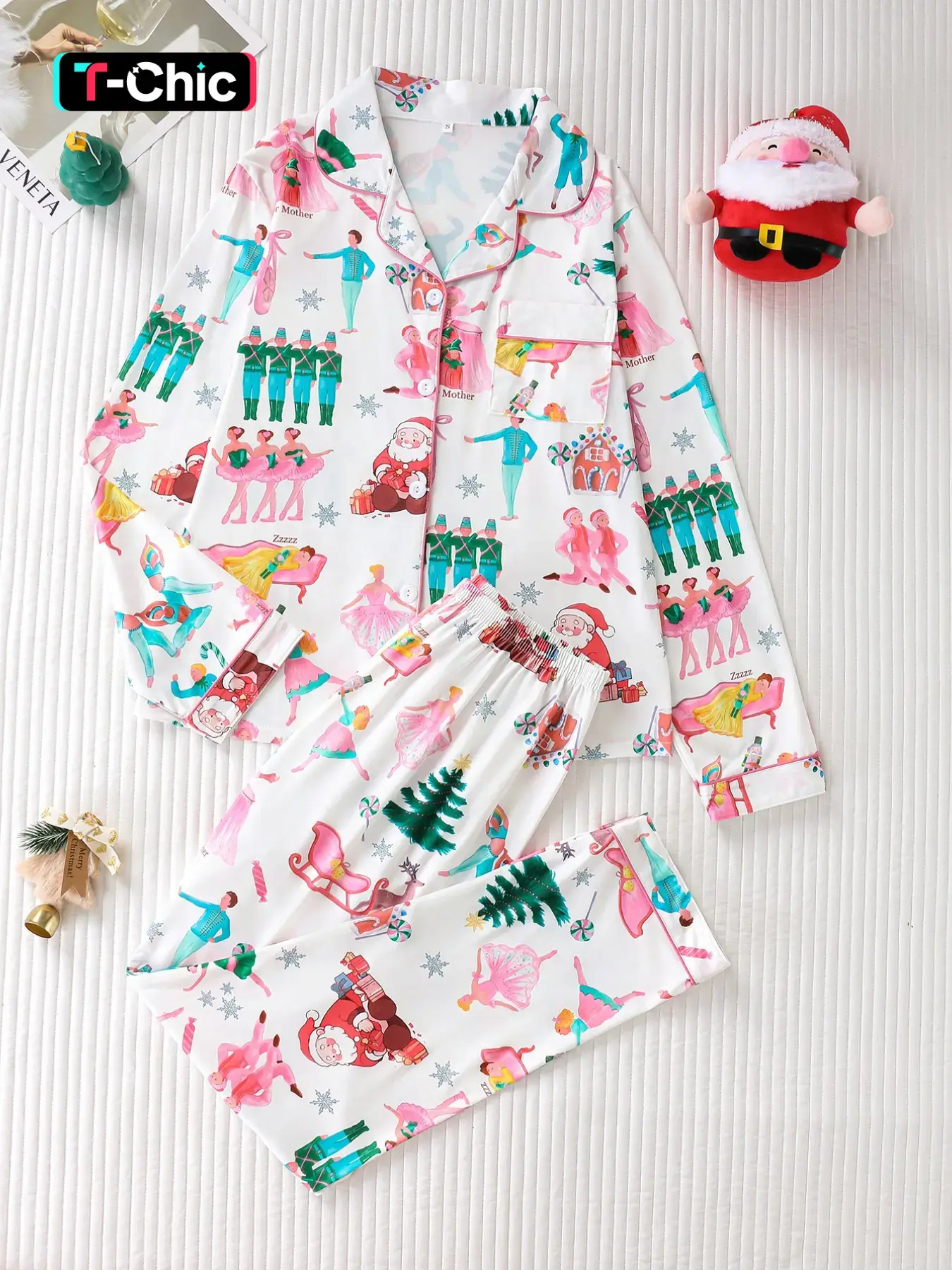 Women's Christmas Pajama Set Loungewear, Cartoon Nutcracker Santa Print, Soft Skin-Friendly Fabric, Button Long Sleeve Top, Elastic Pants, Casual Home Wear