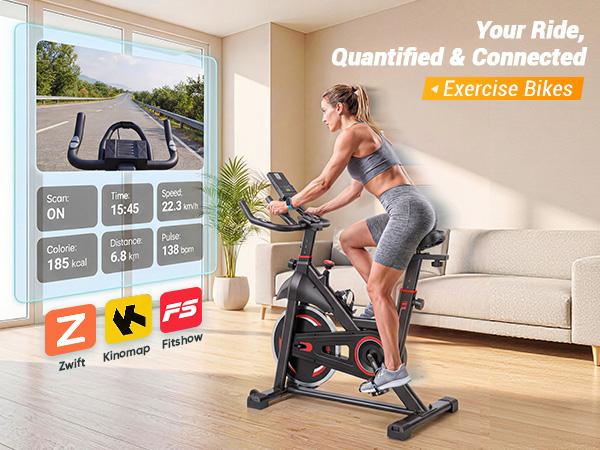 Exercise Bike with LCD Display & Infinite Resistance Adjustment, Quiet Belt Drive Indoor Cycling Bike with Bluetooth APP, Adjustable Seat & Handlebars, 300lb Capacity for Home