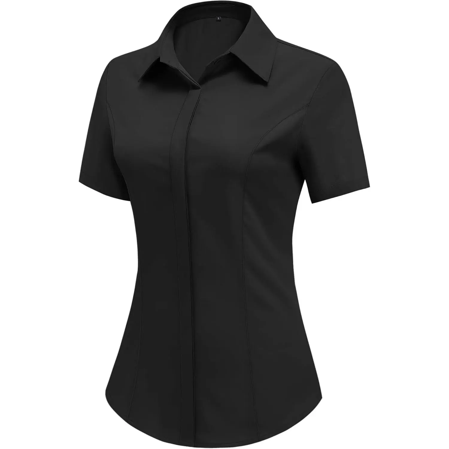 Women's Short Sleeve Slim Fitted Button-Down Collared Blouse - Casual Business Office Teacher Uniform Basic Summer Tops, Wide Leg Pair Compatibility, S-2XL