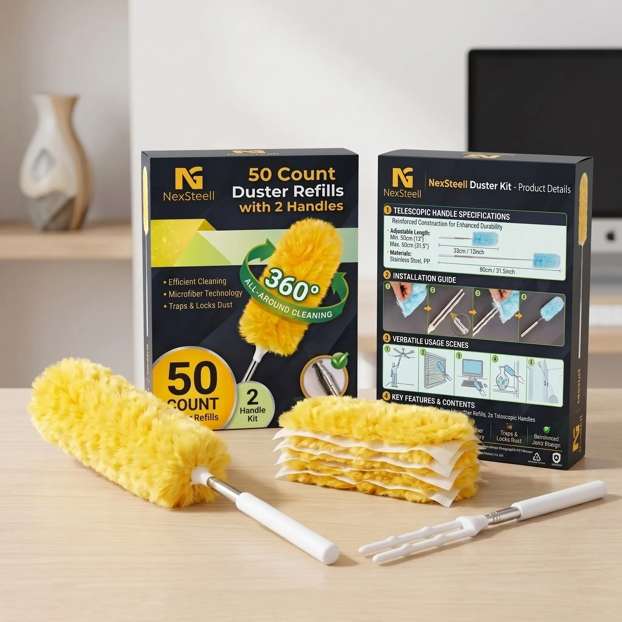 50 Replaceable Dusting Heads + 2 Extendable Handles, Static-Free Non-Woven Design, Ideal for Windows, Cabinets, Corners, Desks, Louvers