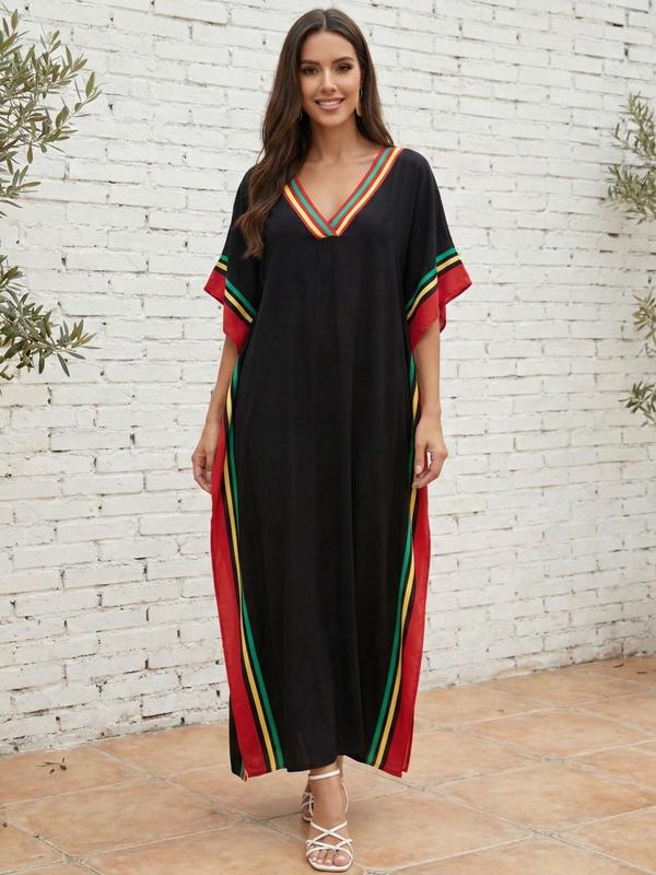 EDOLYNSA Striped kaftan dress cozy house robe muumuu outfits Moo Moo Dress vacation relaxed beach wear leisure wear versatile cover up daily wear Homewear Boho Casual Dress Q1615