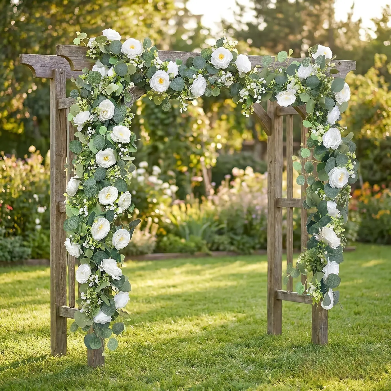 4 Pack Artificial White Austin Rose Flower Garlands, 70.87" Silk Rose & Eucalyptus Vines, Fake Greenery Floral Swags for Wedding Home Party Table Runner Decor (4PCS, White)
