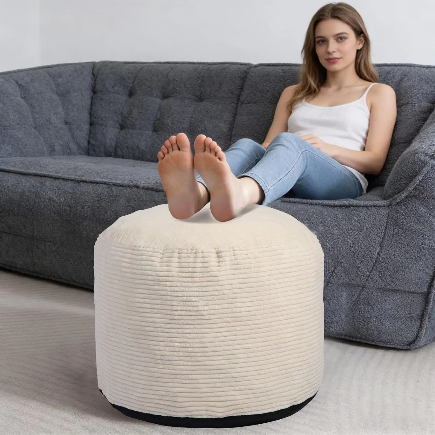 Round Pouf Ottoman Foot Rest with Foam Chunk Filling, Corduroy Floor Pouf for Living Room, 26"x18" Beige