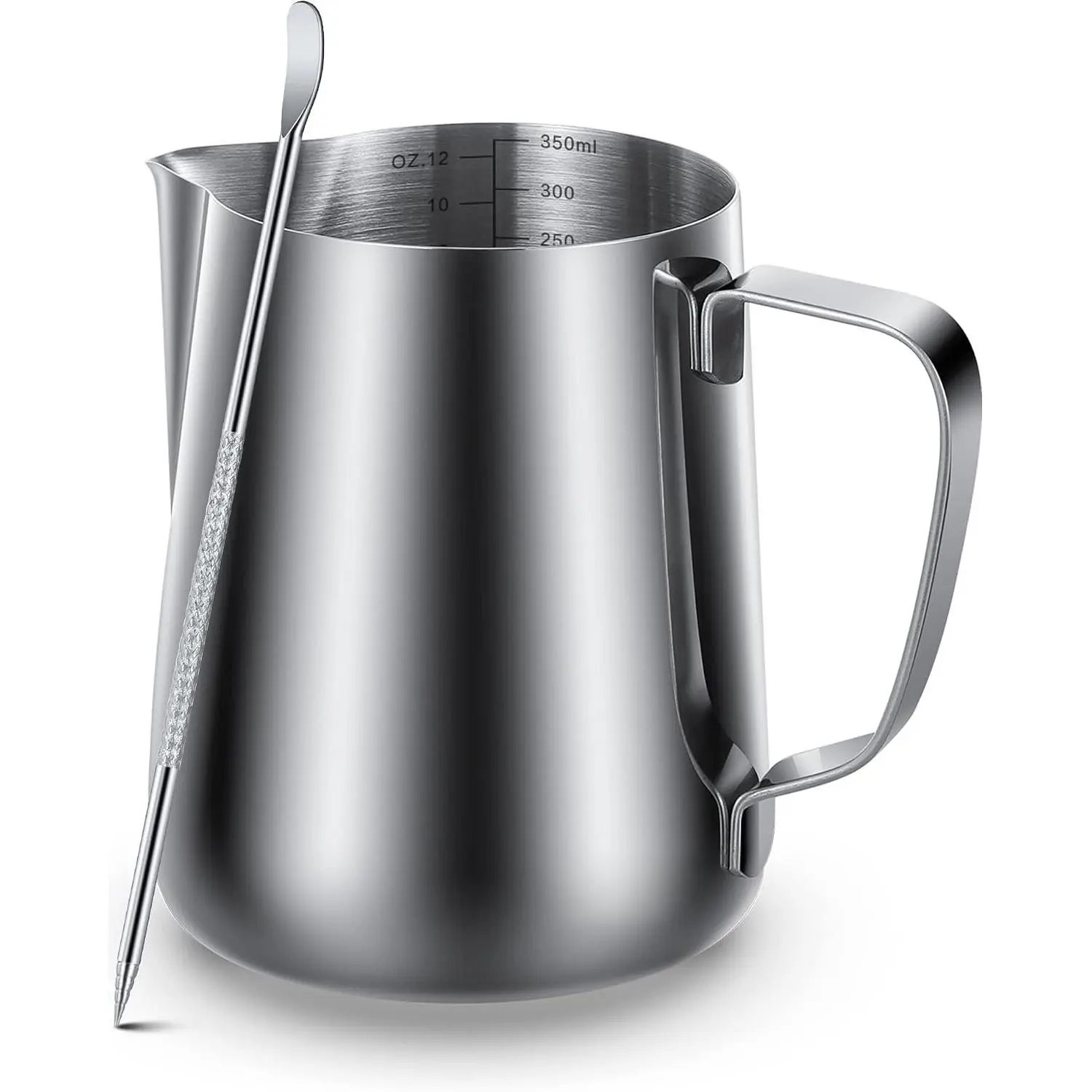 Milk Frothing Pitcher, 8.5oz/12oz/20oz/32oz/50oz/66oz Milk Frother Cup Stainless Steel, Espresso Accessories, Milk Steaming Pitchers Coffee Cappuccino Latte Art Barista Milk Jug Cup with Art Pen,12oz
