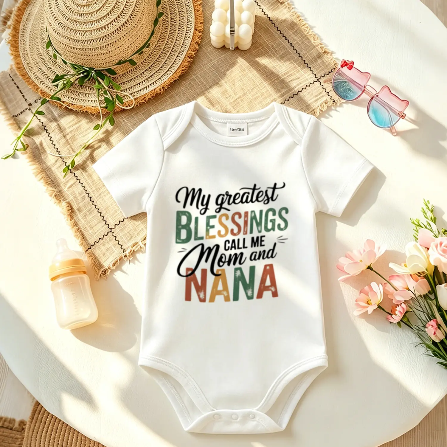 Nana "My Greatest Blessings" Graphic Baby Onesie - Soft Cotton Short Sleeve Tops, Moisture-Wick Snap Closure, Minimalist Style Newborn Essentials for 0-2 Years, Perfect Grandma Baby Shower Gift