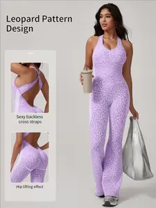 Women's Yoga Seamless Leopard Print Bodycon Jumpsuit, Versatile Home & Office Wear, Tight-Fitting Knitted Micro Flare Pants