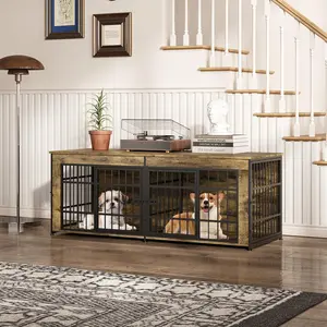 Heavy Duty Double Dog Crate Furniture – Wooden Indoor Kennel with Divider – Multi-Functional End Table Pet House – Chew-Resistant, Large TV Stand & Storage