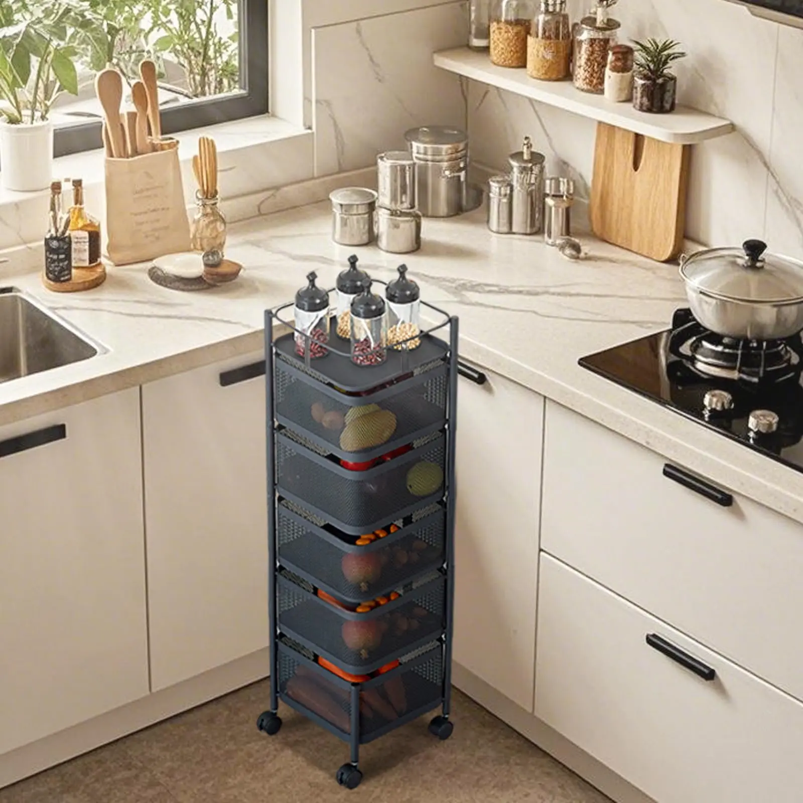 5-Tier Rotating Metal Kitchen Storage Trolley – Mesh Baskets, Lockable Wheels, Space-Saving Rolling Organizer for Fruits, Vegetables, Pantry, Bathroom, Laundry