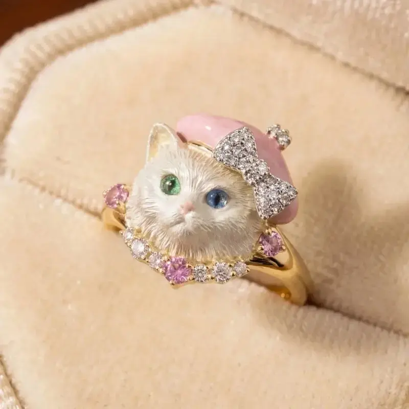2026 NEW Whimsical Cat Face Statement Ring, Viral Enamel Beret & Diamond Bow Jewelry, Cute Animal Ring with Multi-Color Gemstones, intricate craft & charming aesthetic, ideal for date nights, casual outings, birthday gifts,Birthday Gift Jewelry For Girls