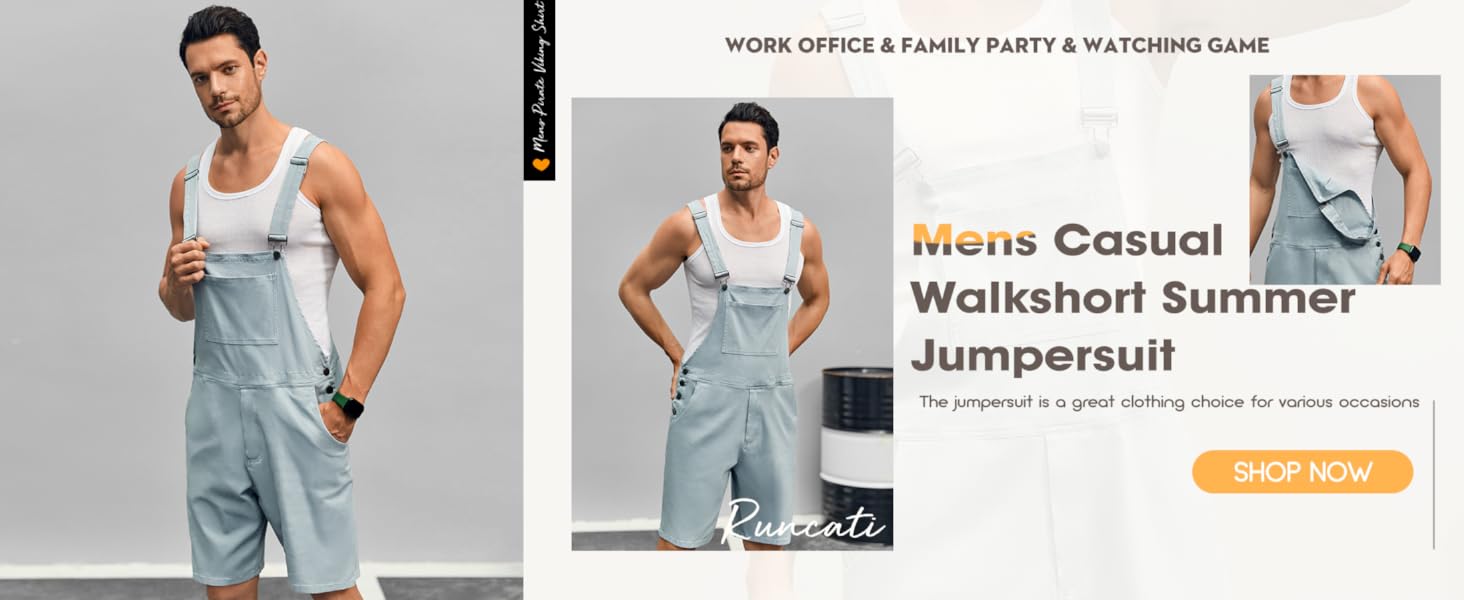 Mens Casual Bib Overall Shorts Lightweight Cotton Loose Fit Denim Jumpersuit Walkshort Pockets Rompers