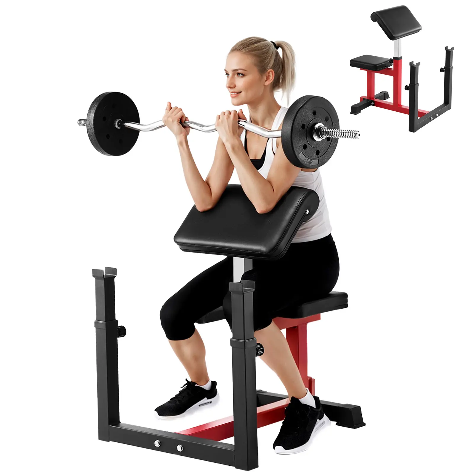 Weight Bench with Leg Extension, Carbon Steel Construction, Seated Arm Isolated Barbell Dumbbell Bicep Station, Barbell/Dumbbell Bicep Curl, More Humanized Details