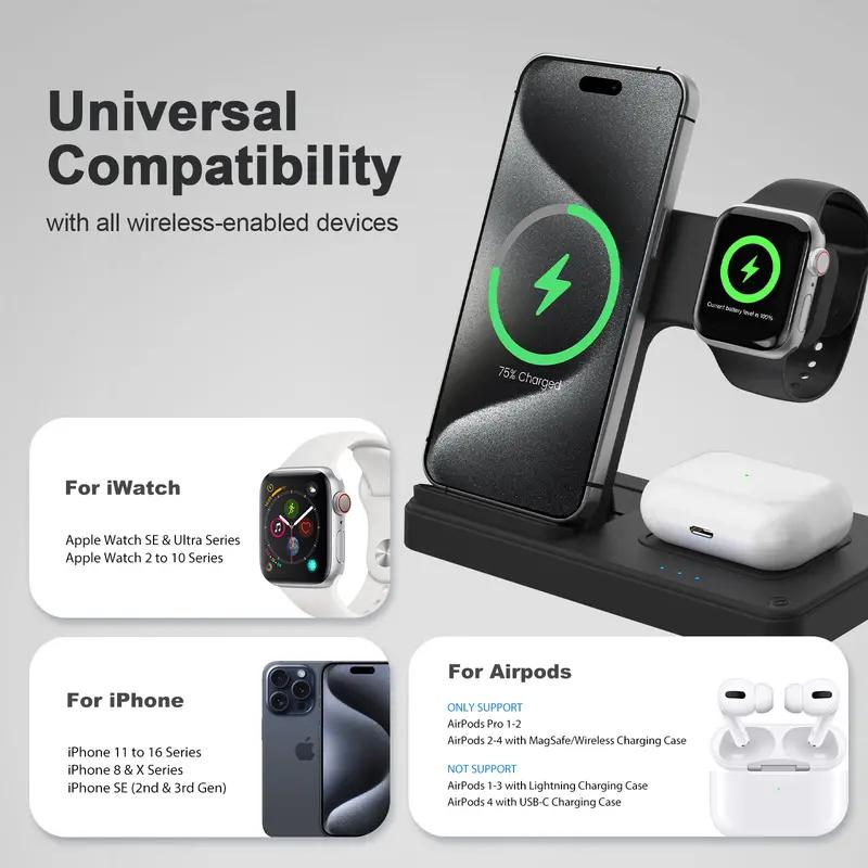 3 in 1 Wireless Charging Station, Foldable 15W Fast Wireless Charger Stand for Apple Devices, Qi-Certified for iPhone 18/17/16/15/14/13/12/11/Pro/Max/X/XR/Samsung, iWatch-SE/7/6/5/4/3/2 & AirPods, QC-3.0 Adapter Included