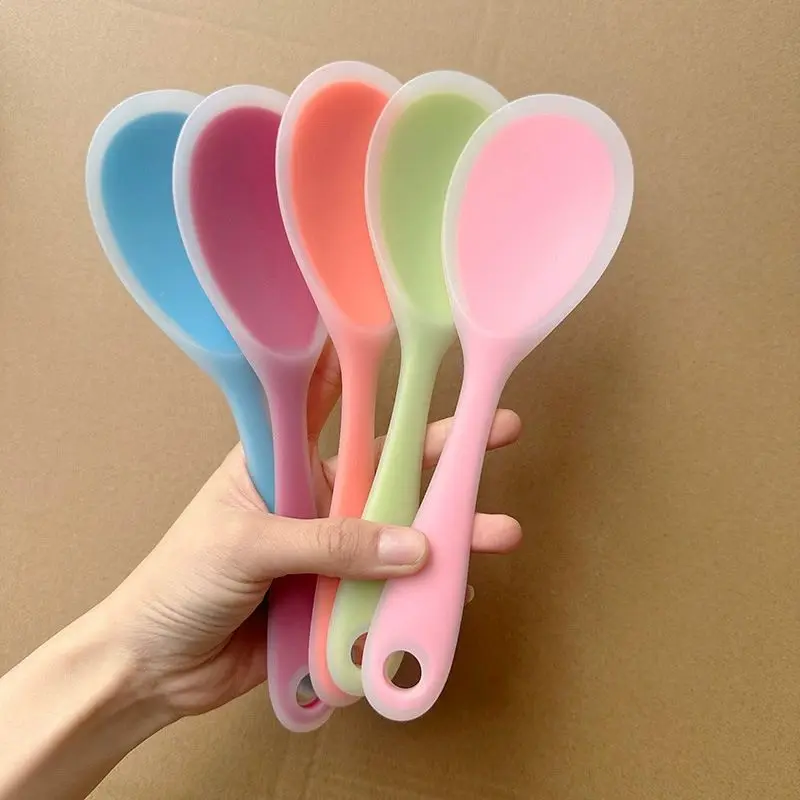 2pcs Random Color High Temperature Resistant Silicone Rice Spoon, Multi-Functional Kitchen Spoon, Silicone Stirring Spoon, Salad Spoon, Food-Grade Anti-Scald High Temperature Rice Spoon, Non-Damaging Inner Pot Rice Spoon, Silicone Kitchen Utensils