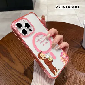 Curious George Faith Translucent Frosted Magnetic Ring Case for iPhone 17 16 15 14 13 12 11 Pro Max Plus Matte Soft-Touch,Raised Camera Protection,Anti-Drop Hard PC Cover