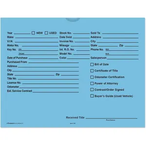 Printed Vehicle Deal Envelopes 9x12 Deal Jackets (100 shrink wrapped) (Blue)