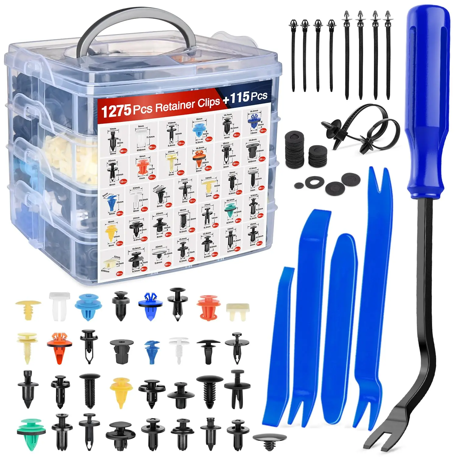 Nilight 1275 Auto Replacement Car Push Retainer Clips Kit, 33 Common Sizes Nylon Bumper Fender Rivets, 5 Fastener Removers, 10 Cable Ties, 100 Sponge Cushions for Toyota, GM Car Accessories