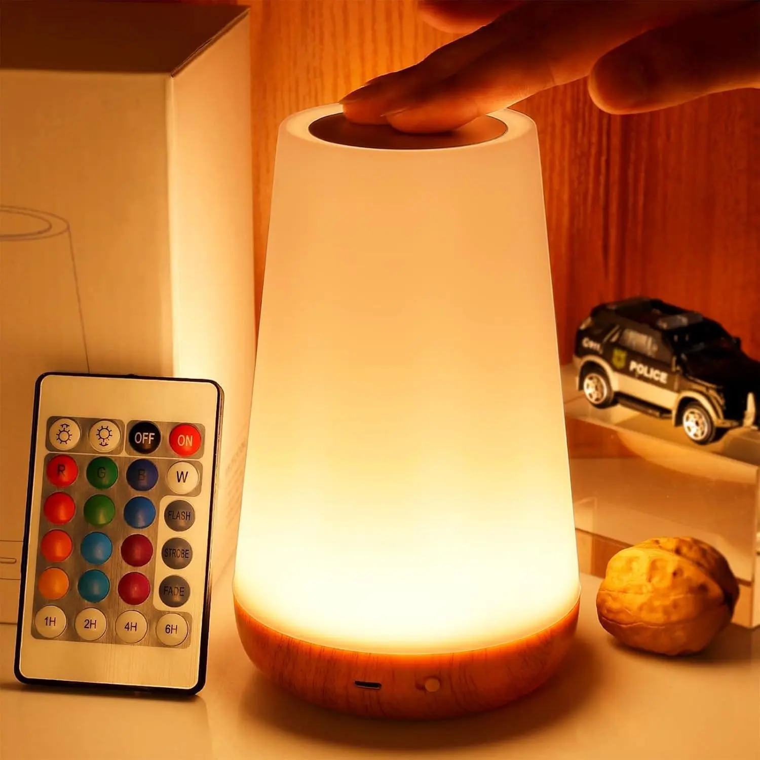 Dimmable Touch Night Light - Battery-Powered, Adjustable 3 Lighting Modes, 360-Degrees Touch Control, 5 Brightness Levels, 13 RGB Colors, Portable Table Bedside Lamp for Baby Nursery Diaper Change