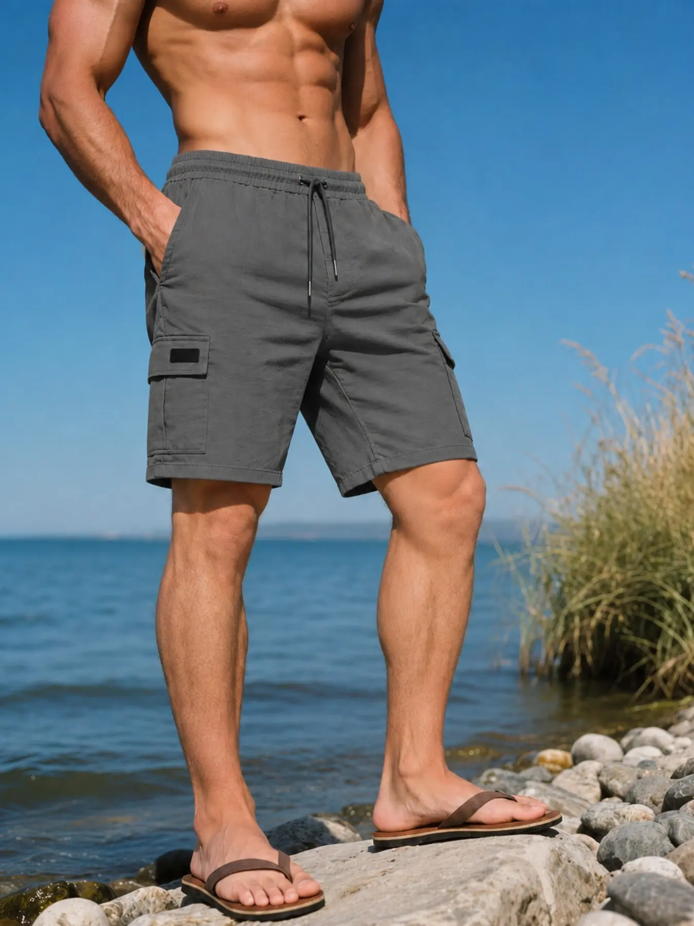 Men's Cargo Shorts, Solid Woven Drawstring Waist Knee-Length Shorts with Flap Pockets, Lightweight Loose Straight-Leg Bottoms for Summer Daily Wear, Travel, Hiking, Beach, Street and Outdoor Activities, Classic Versatile Menswear