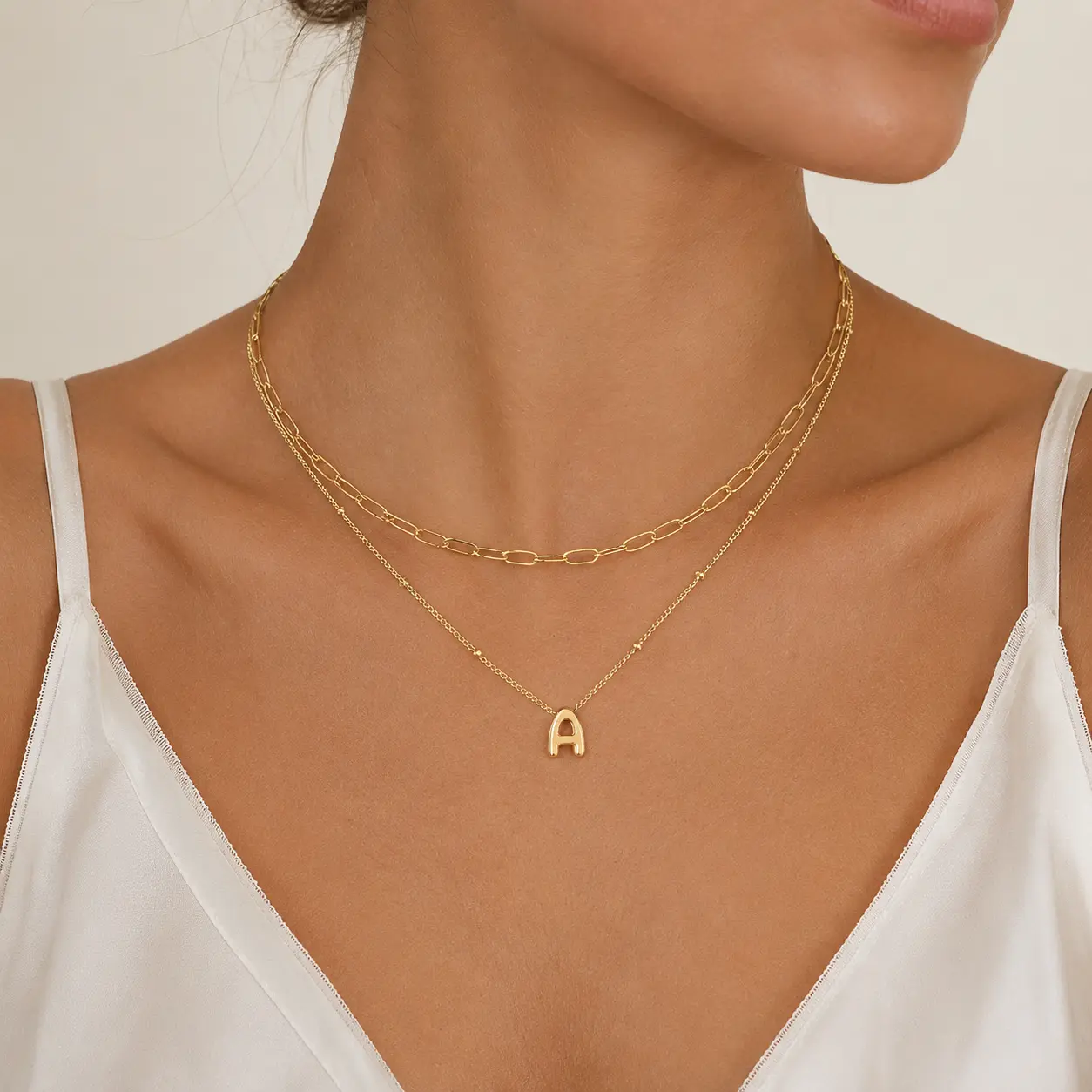 Trendy 14K Gold Plated Letter A-Z Pendant Necklace Set, 2Pcs Personalized Layering Beaded Paperclip Chain Choker Necklace Festivals, Birthdays, and Special Occasions Party Jewelry