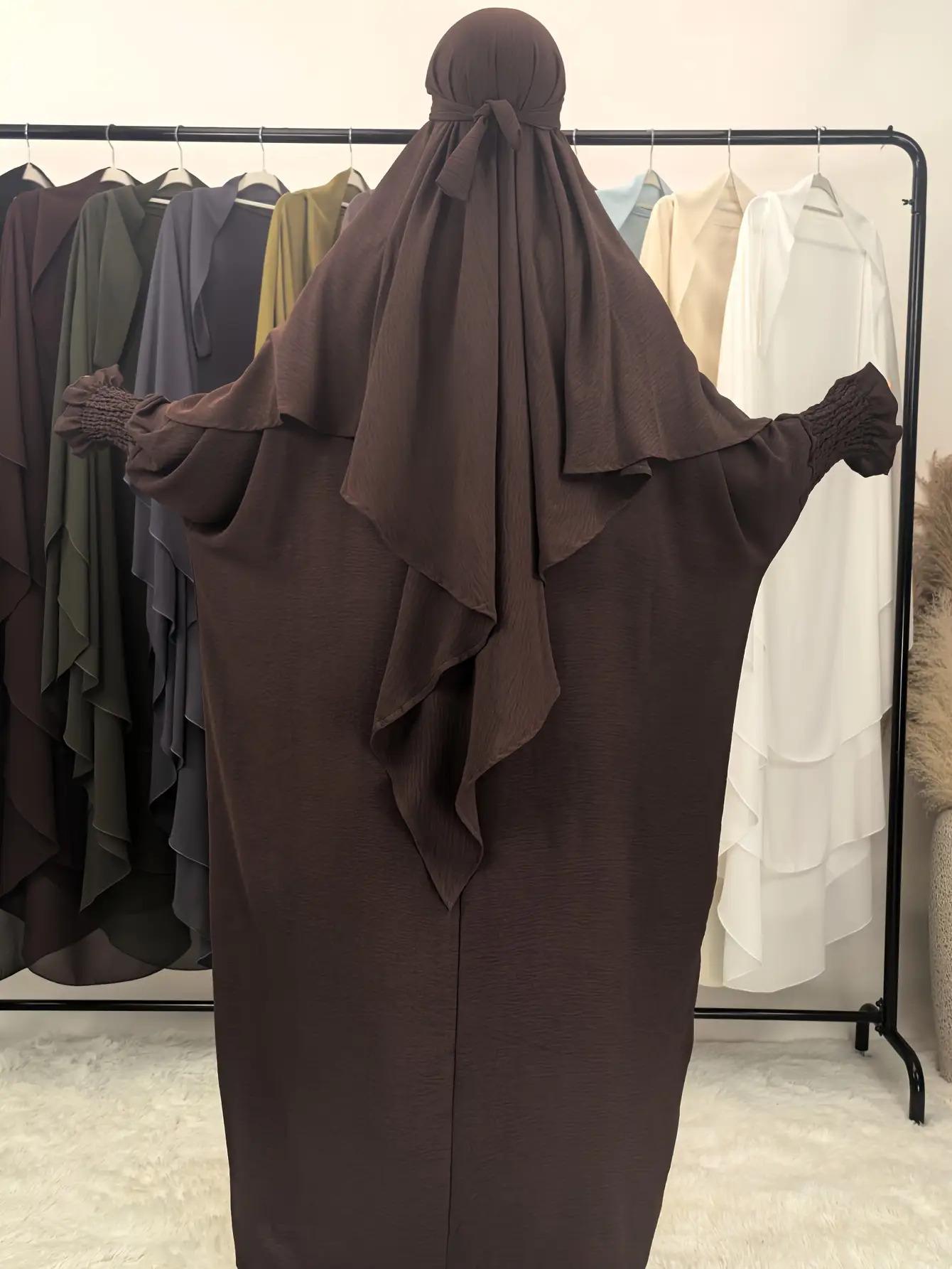 Plus Size - Plus Size - Plus Size, Two-Piece Khimar And Abaya Prayer Jilbab Suit: Fashionable& Elegant Vacation Set - Pure Color Easy Single-Layer Headscarf+ Light, Breathably Comfort Horn Sleeve Loose Dress for Women