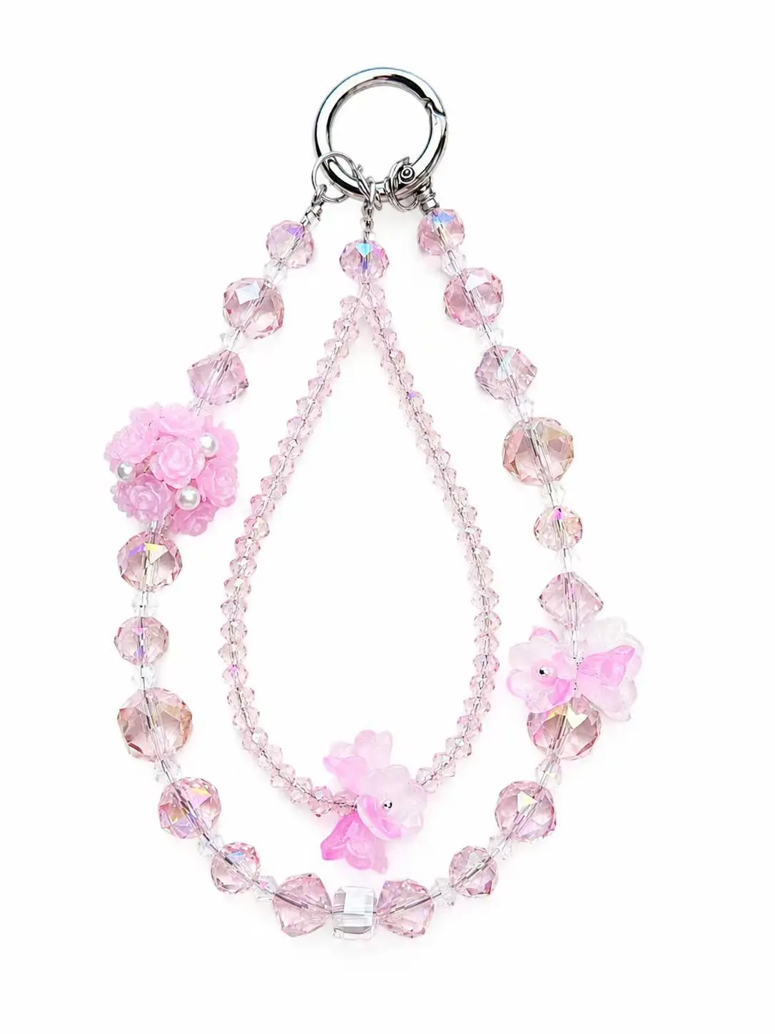Pink Cut Crystal 3D Flower Double-Design Mobile Phone Strap & Cellphone Keychain, Cute Glass Beads Mobile Accessories SJ-712, Cute Accessories