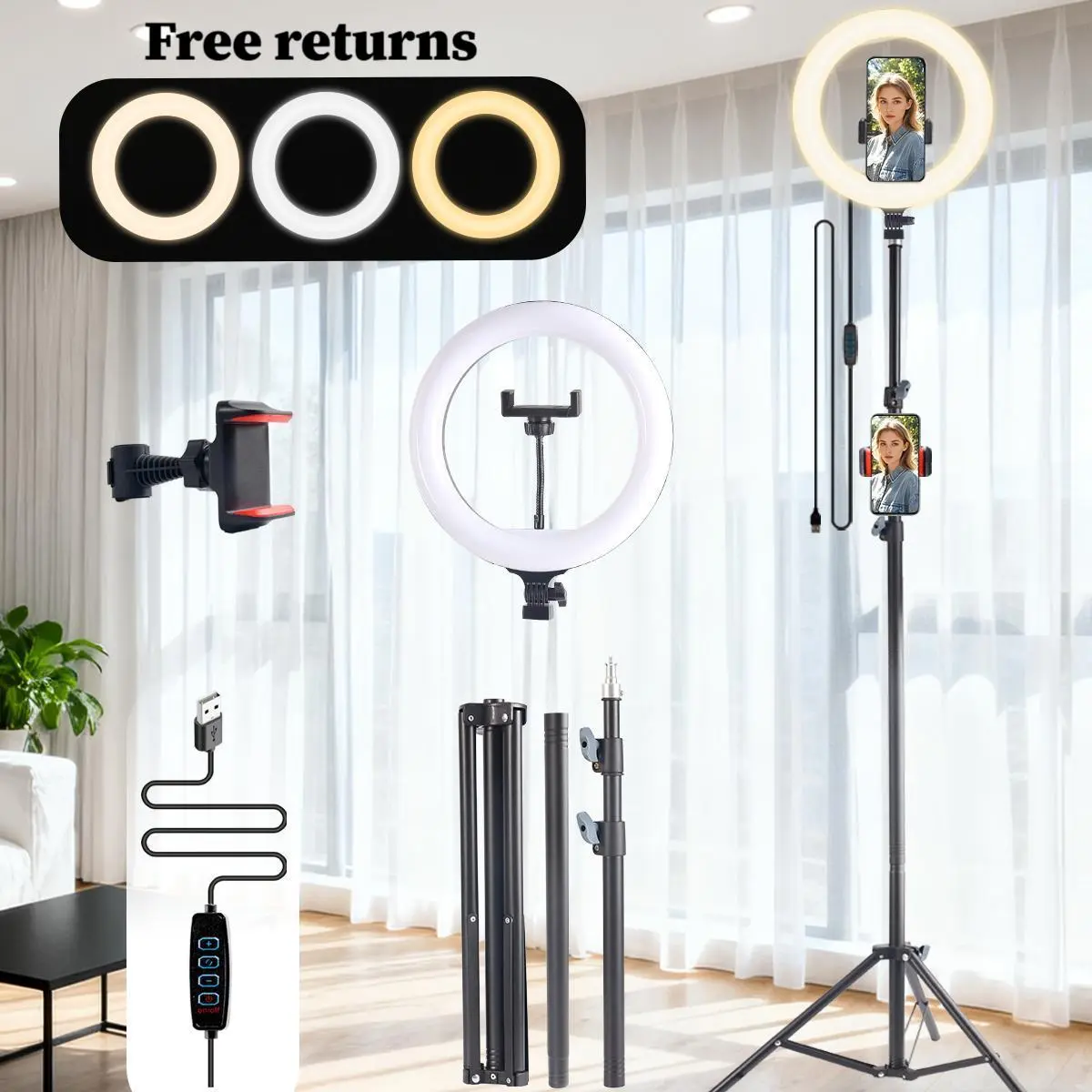 10 Inch Adjustable LED Ring Light with 180cm Extendable Tripod Stand, Soft Fill Light, Adjustable Telescoping Selfie Accessories, Hands-Free Tripod Phone Holder Vlogging Gear for Home Recording, Makeup Tutorials
