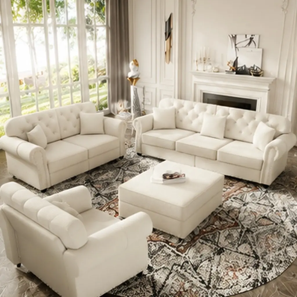 ARCH Mid-Century Modern Chesterfield Sofa Set with Ottoman, 6-Seat Upholstered Velvet Sofa with Button Tufted Nailhead Trim Rolled Armrests, Beige+White Living Room Furniture Combo, Beige+White Color Options, Velvet Material, 6 Seat Seat Count