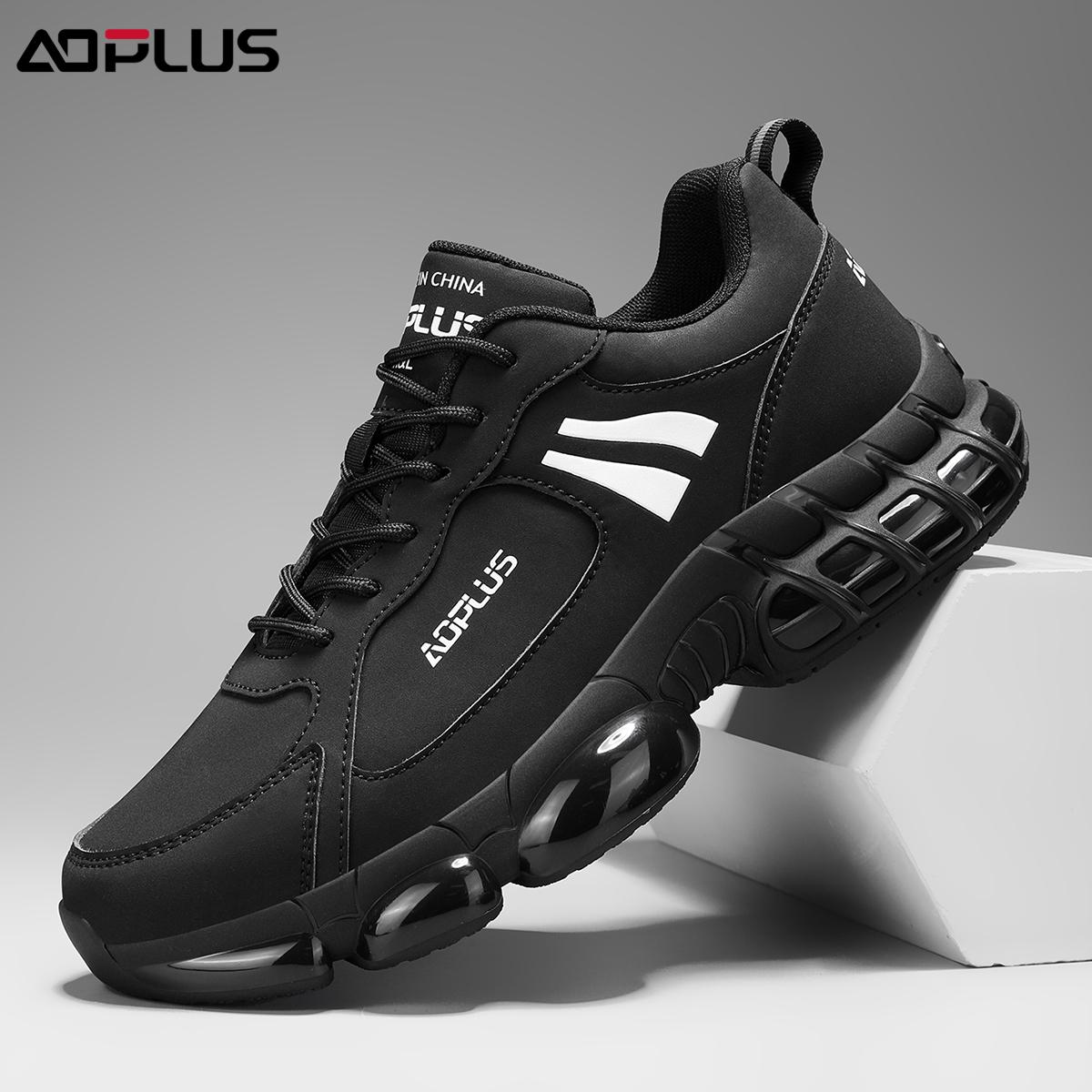 Black Samurai AOPLUS Sneakers: All-black cool style with white logo, air-cushion sole for soft cushioning, non-slip & durable for commute/light sports, comfy versatile & leg-lengthening, easy to wear daily!