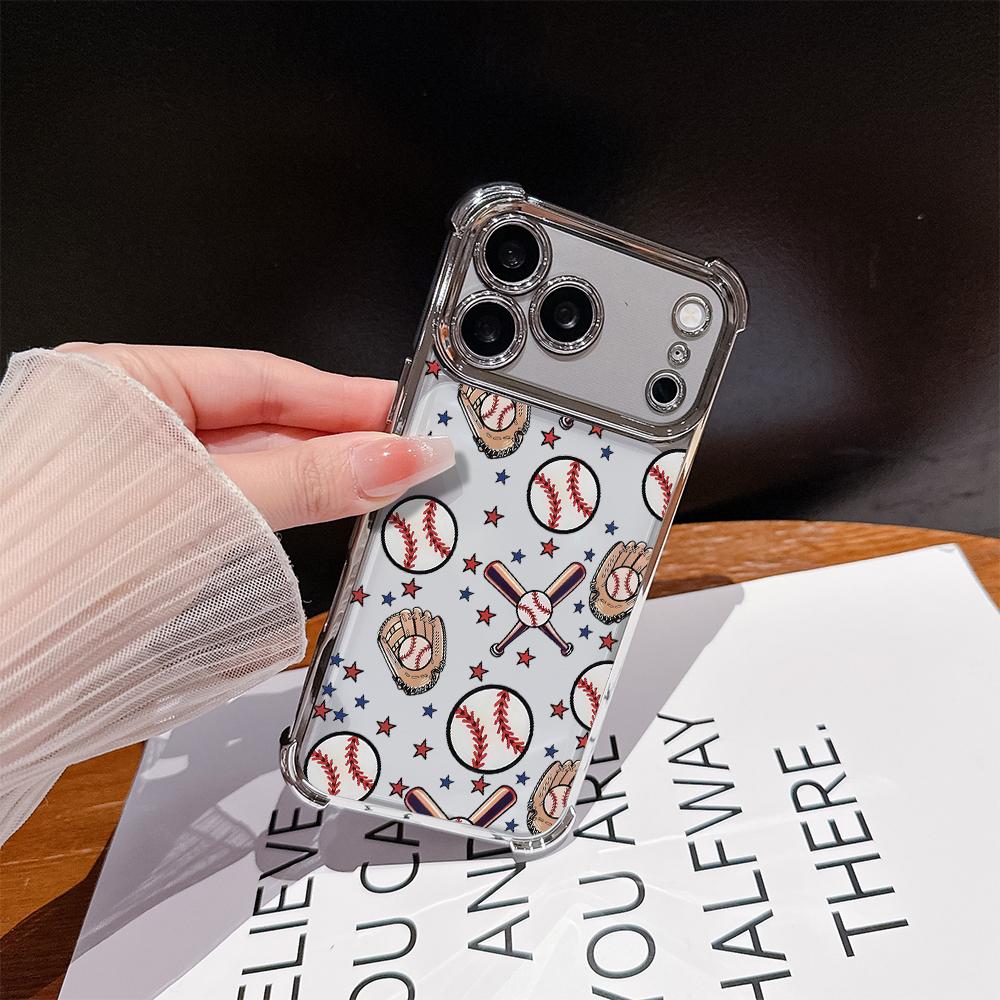 Phone Case for iPhone 17 Pro Max Air 16 15 14 13 12 11 Plus Baseball.Baseball gloves Pattern Four Corner Anti-Fall Phone Case Transparent Electroplated Protective Cover