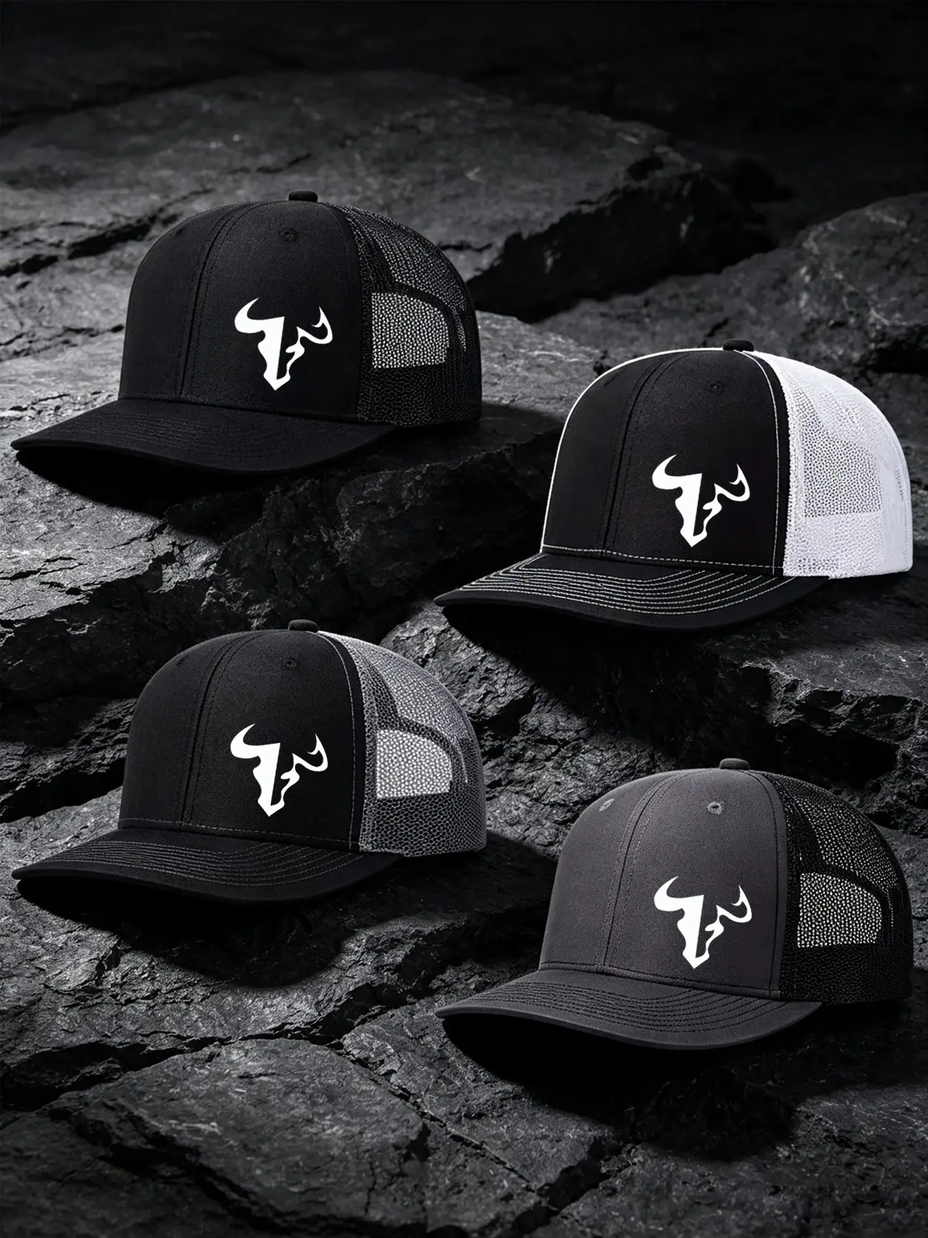 4pcs Unisex Baseball Cap Bull Head Printing Hat Mesh Hats for Mens Women Richardson Slightly Curved Brim Baseball Cap Adjustable Trucker Hats Dad Hats Outdoor Mesh Breathable Sun Hat Outdoor Leisure Hat