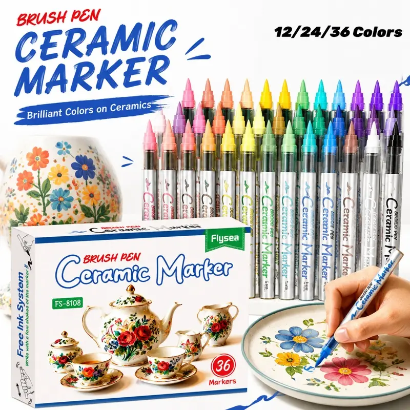12/24/36 Colors Ceramic Paint Pens, Soft Brush Tip Porcelain Markers, Acrylic Paint Markers for Glass, Mugs, Wine Glasses, Ceramic Crafts, Waterproof & Fade Resistant Permanent Paint Pens