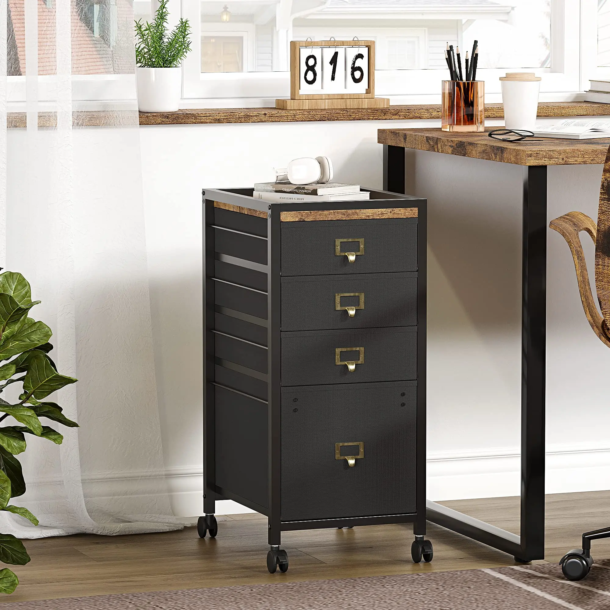 Black Under Desk Compact Mobile File Cabinet - 2/3 Drawers, Rolling Fabric Vertical File Storage, Fits Letter/A4 Size, Home Office Commercial Furniture