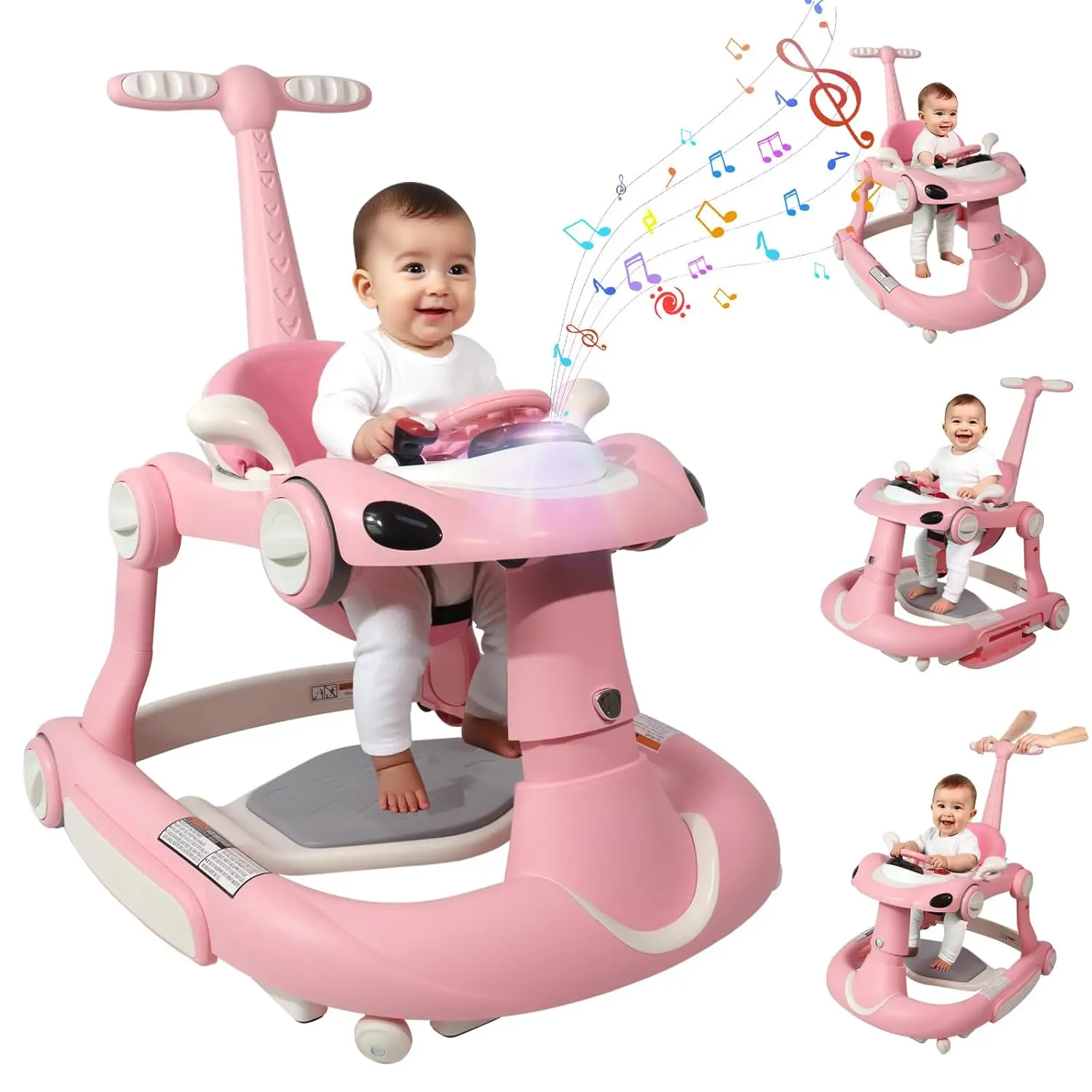 Baby Walker, 4-in-1 Baby Walker with Wheels Portable, Foldable Infant Toddler Walker  Boys Girls 6-18 Month,Removable Footrest,Car Steering Wheel & Music, Adjustable Push Walker Pink
