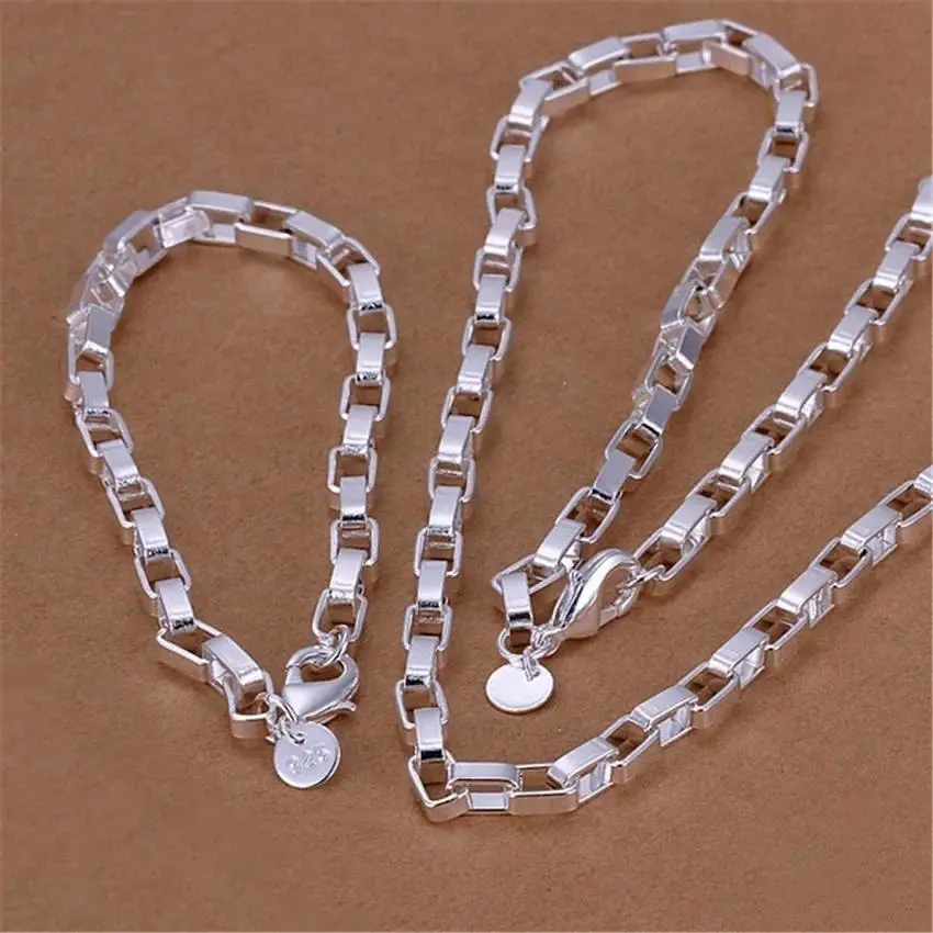 925 Sterling Silver Classic 5MM Long Box Chain Jewelry Set - Long Chains with Box Links, Men's Bracelet & Necklace, Party Wear Accessories for Weddings, Giftable Fashion Jewelry