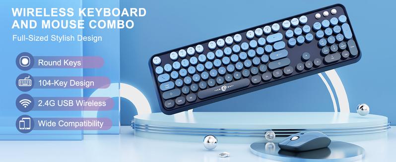 Wireless Keyboard and Mouse Combo 2.4G Full Size Cute Colorful Mouse with 104 Round Keys Retro Typewriter Keyboard for Laptop Windows PC Blue Gradient