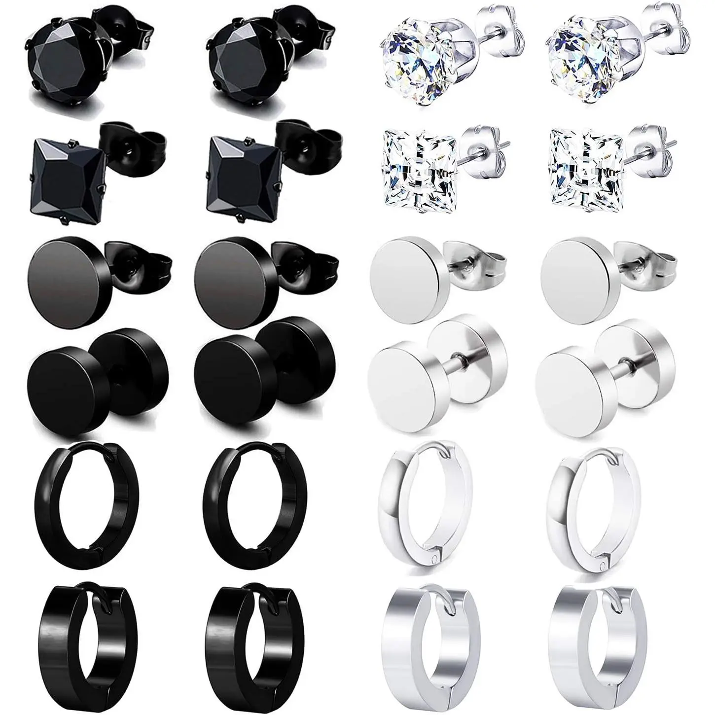 Women's 12-Pair 316L Stainless Steel CZ Stud Earrings Set, Rust-Free Butterfly Studs with Flat Screws, Huggie Hoop Earrings for Party Gift, Unisex