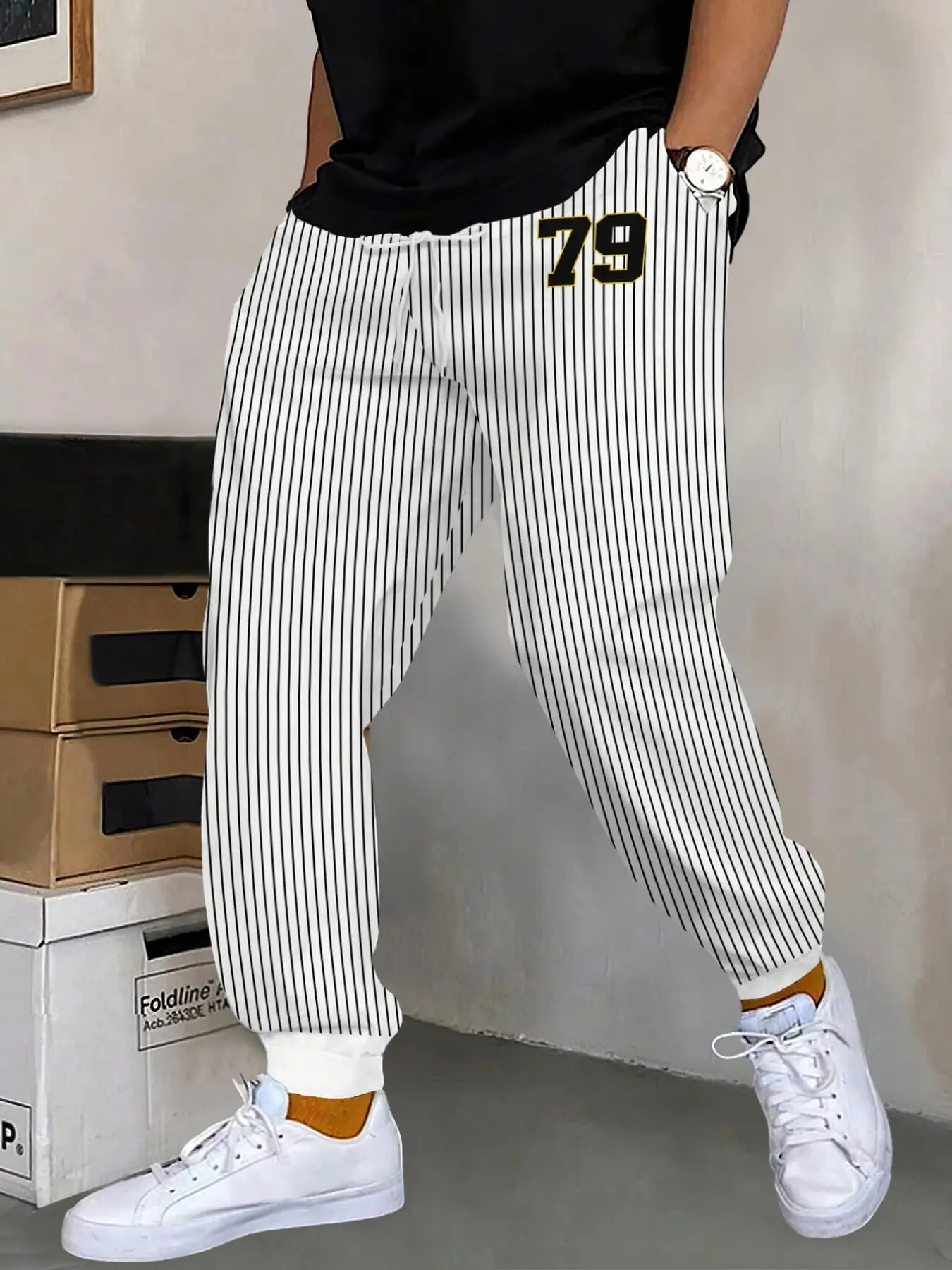 Men's Base Vertical Stripes 79 Edge Number Print Cargo Pants, Loose-Fit Drawstring Waist, Casual Fall Long Pants