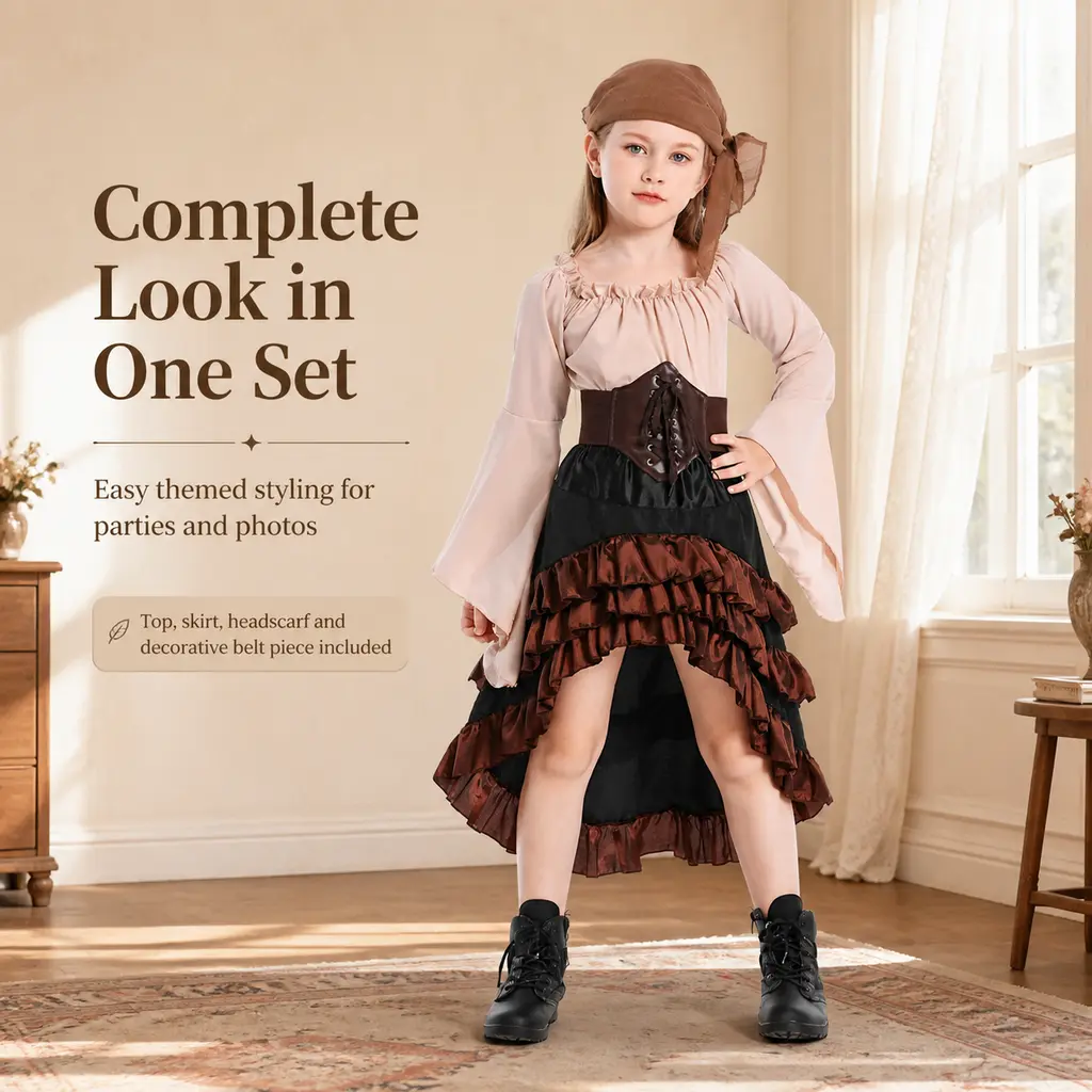Girls Medieval Pirate Cosplay Costume Set, Long Bell Sleeve Dress with Headscarf and Waist Belt for Halloween Party