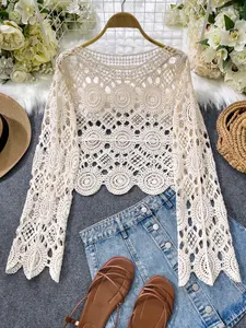 Boho Style Women's Lace Swimsuit Cover-Up, Hollow Out Knit Embroidery, Long Sleeve Round Neck, Summer Beach Vacation Outerwear, Pool Party