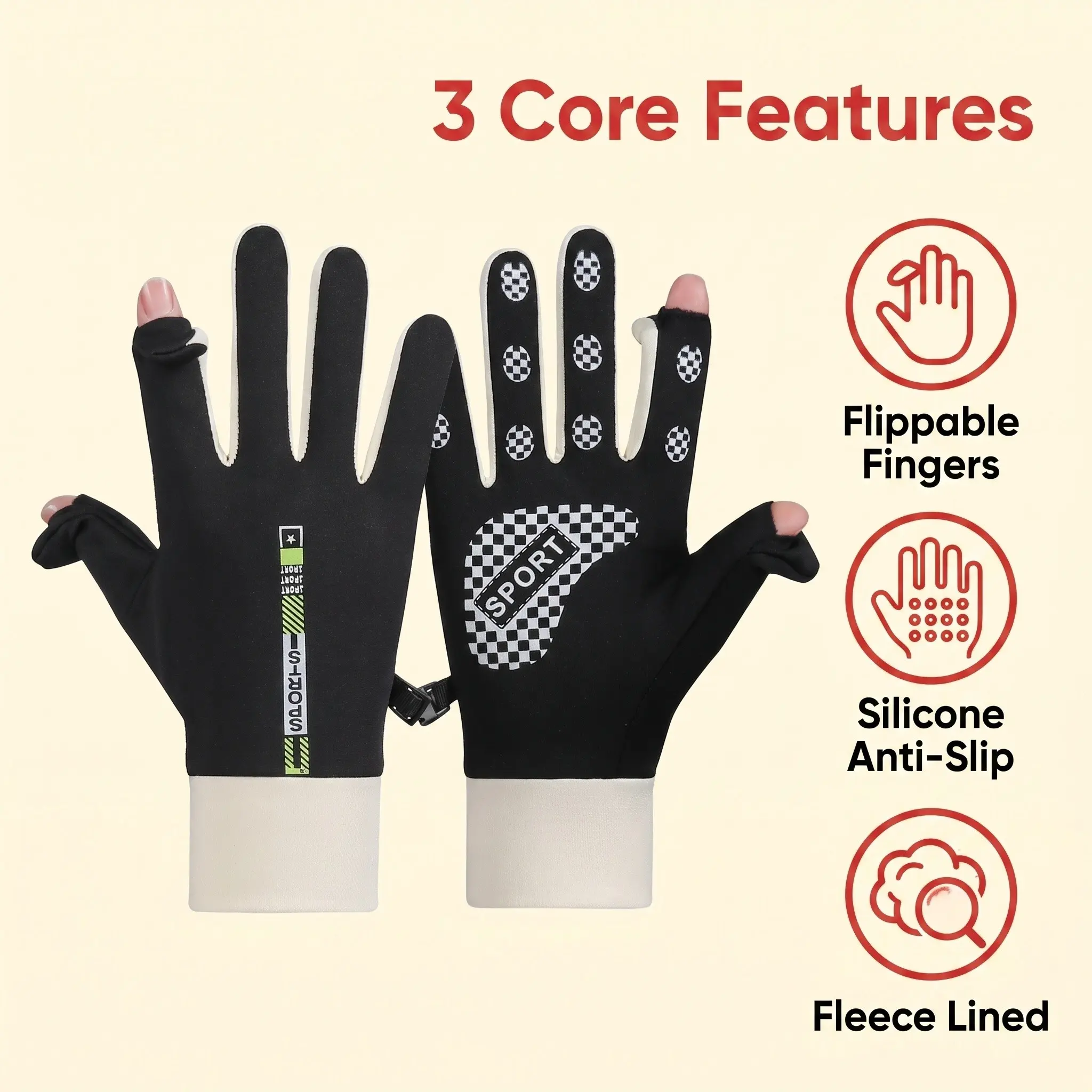 Touch Screen Sports Gloves, Flip Top Fingers Fleece Lined, Silicone Anti-Slip Palm, Warm Windproof, Cycling Running Fishing Photography