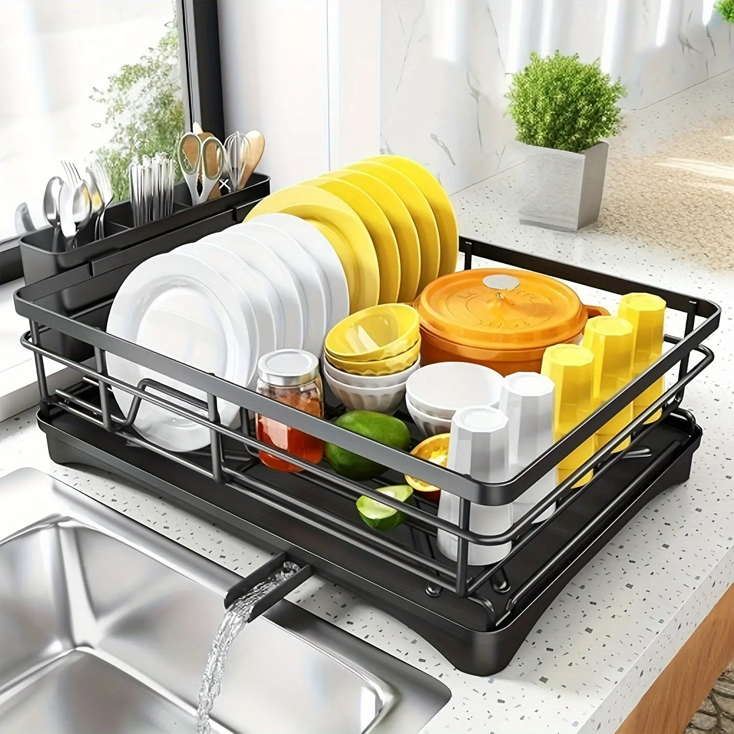 Large Capacity Dish Drying Rack for Kitchen Counter - Rustproof Metal Dish Drainer with Drainboard & Utensil Holder, Space-Saving Design, Non-Slip Feet, Rotatable Spout, Fits All Sinks, Black, Kitchen Dish Drying Rack, Sink Compatible Drainer, Effici