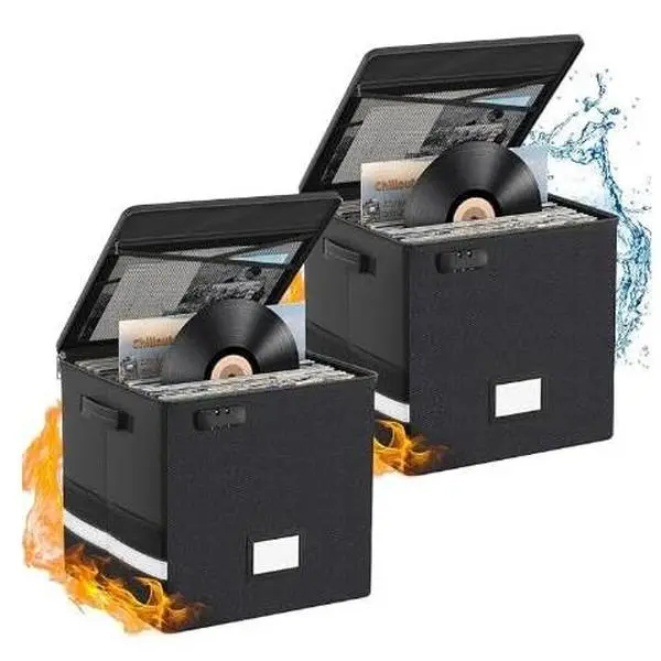 Set of 2 Black Fiberglass Vinyl Record Storage Boxes with Locks, Fireproof and Water Resistant, Featuring Handles for Easy Transport, Ideal Storage Organizer for Album Collections