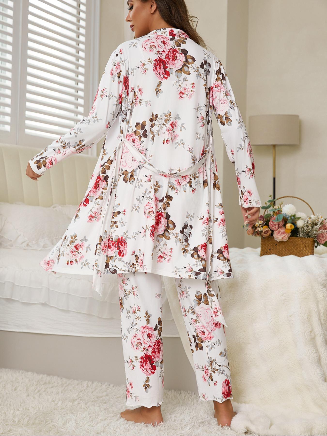 Women's All Over Floral Print Pajama Set, Long Sleeve Open Front Outwear & Pants & Cami Top, Casual Comfy Fitted Sleepwear Set for Women
