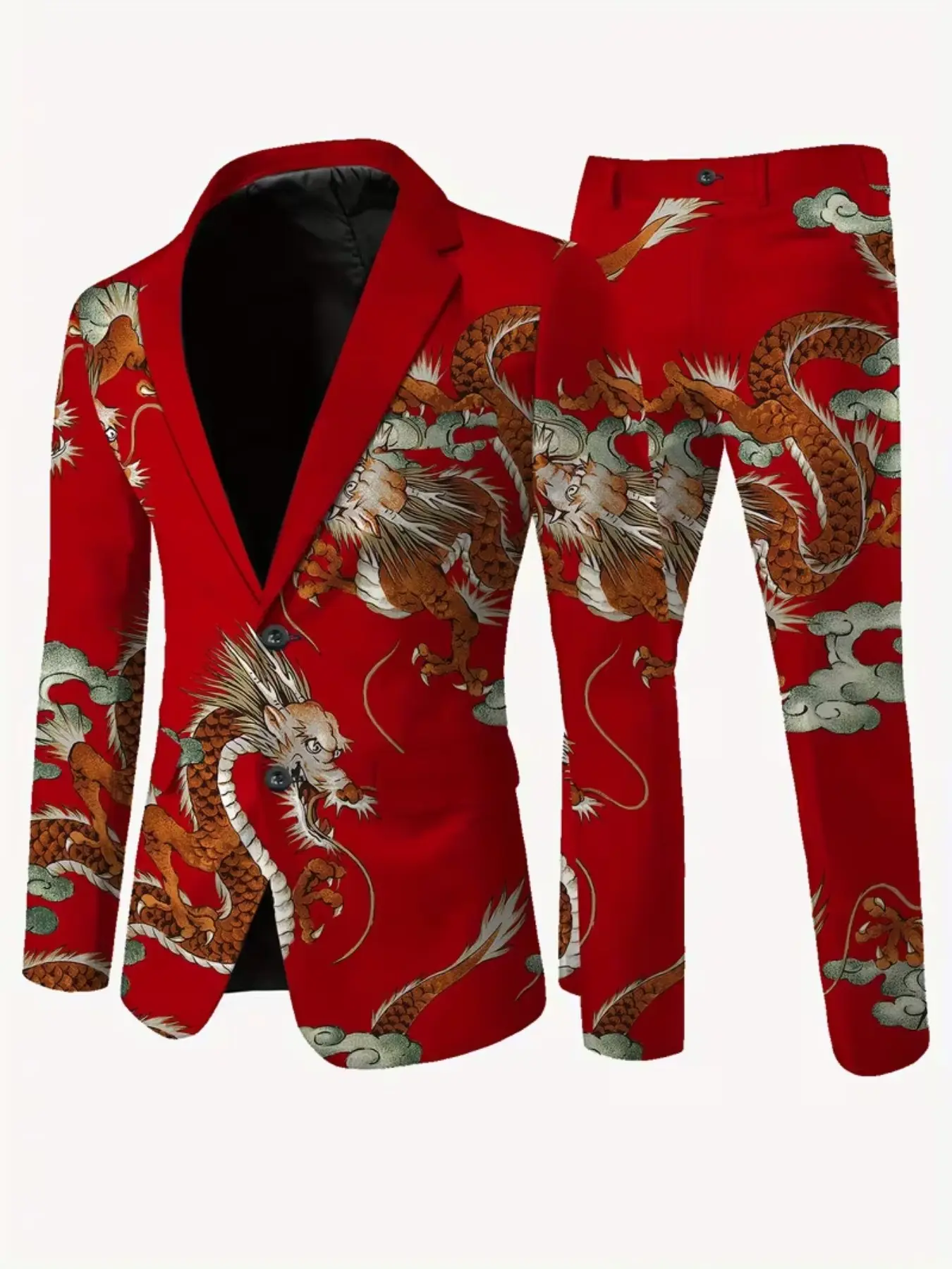 Men's Red Two-Piece Suit with Chinese Style Dragon and Auspicious Cloud Print, Suit Jacket and Trousers, Featuring a Giant Chinese Dragon Pattern, Perfect for Festive Parties and Stage Performances.