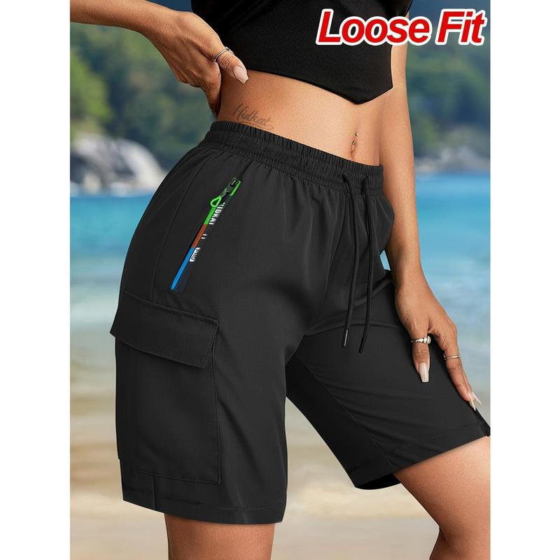 Women's Trendy Black Loose-Fit Cargo Shorts - Lightweight Breathable Fabric, Drawstring Waist, Gradient Zipper Pocket, Cargo Pocket, Knee-Length Bottom for Summer Sports Clothes, Activewear, Athletic Daily Wear