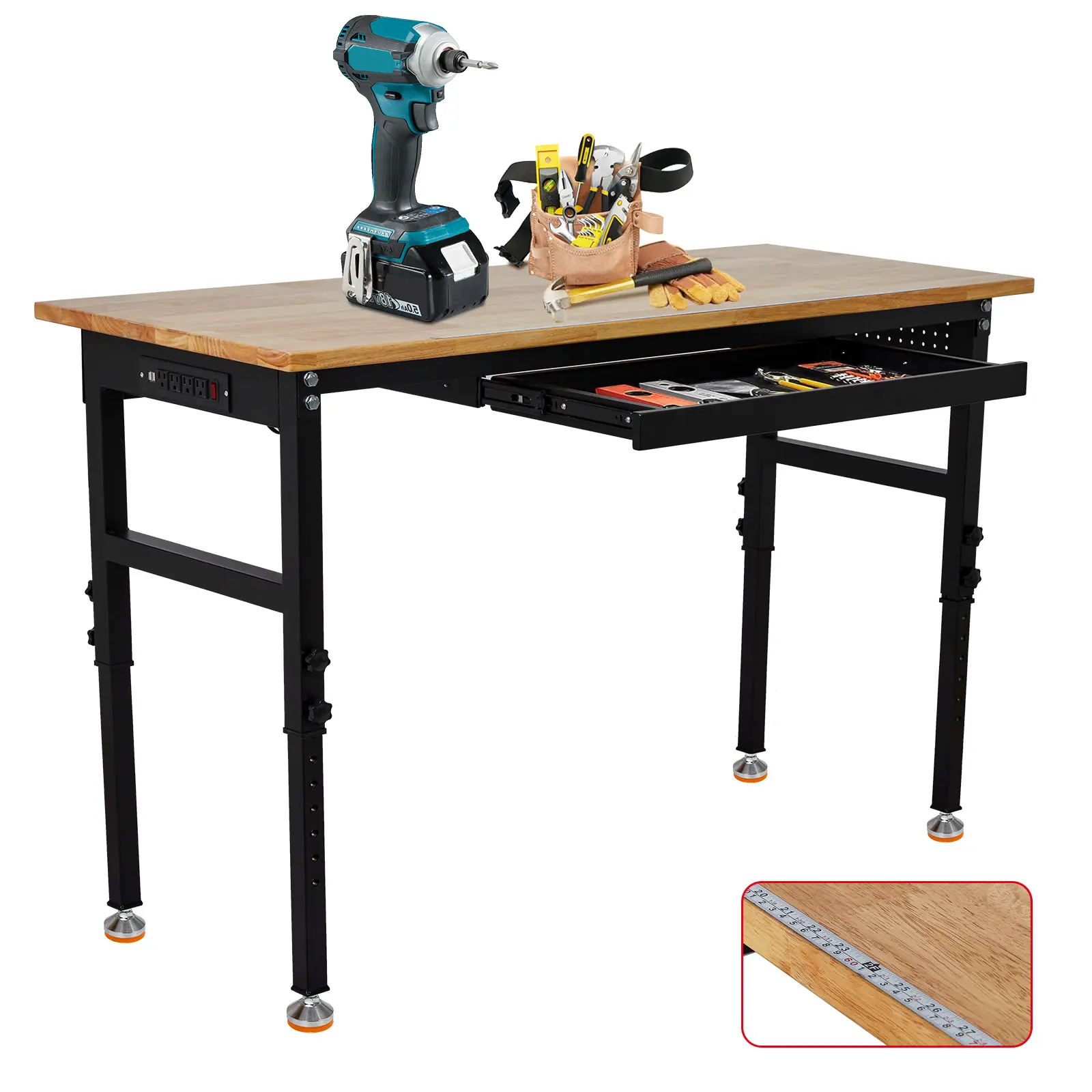 Heavy-Duty Freestanding Steel Frame Work Bench (60in x 24in) – 2200 LBS Load Capacity, Power Outlets, Scales, Peg Board, Drawer, 8 Height-Adjust Settings for Garage, Workshop