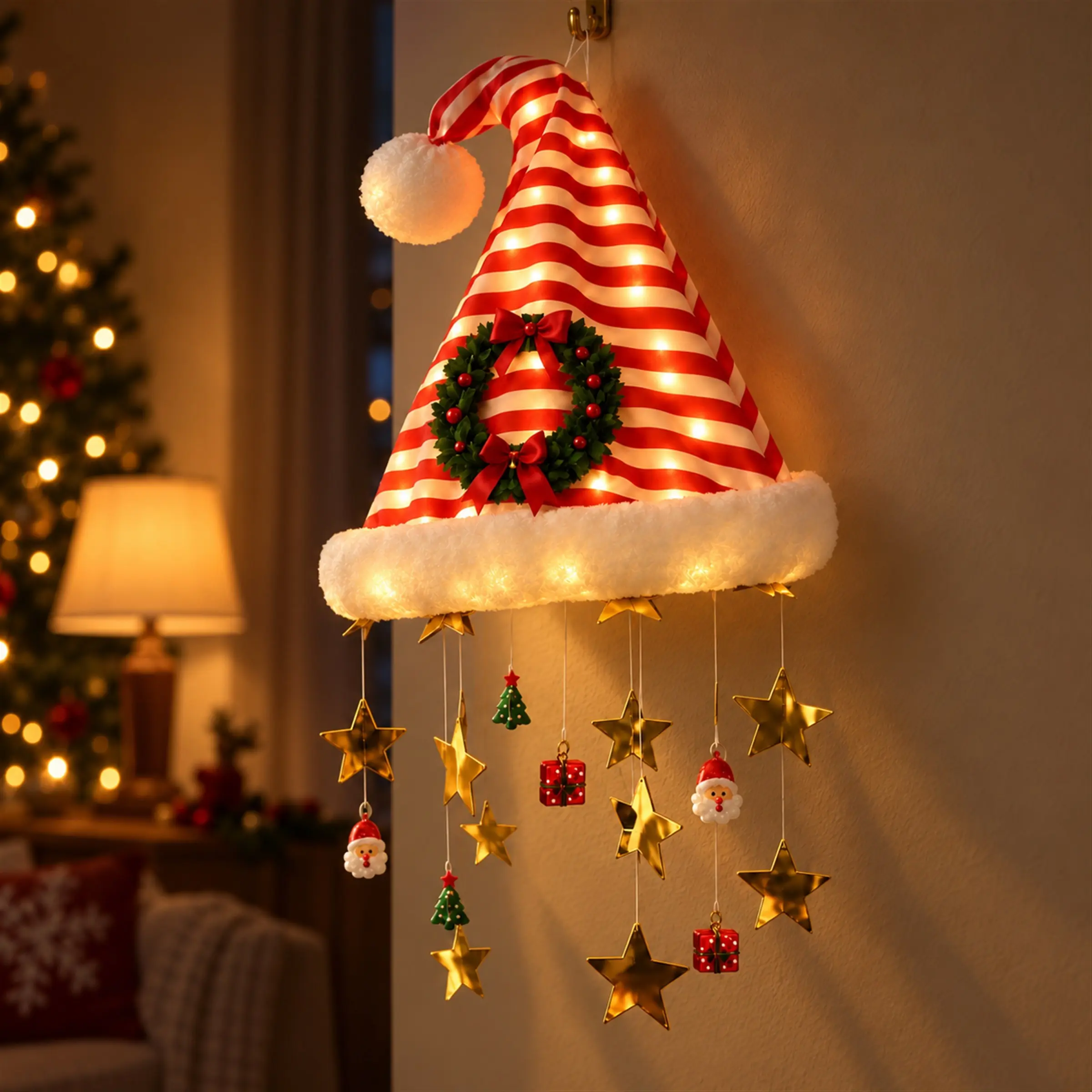 Christmas Hat Decorative Light, Hanging Festival Atmosphere Lamp, Warm Glow for Porch and Indoor Spaces, Perfect for Christmas Setup, Front Door Welcome, Holiday Parties, Winter Gift Display, Holiday Decoration Lights