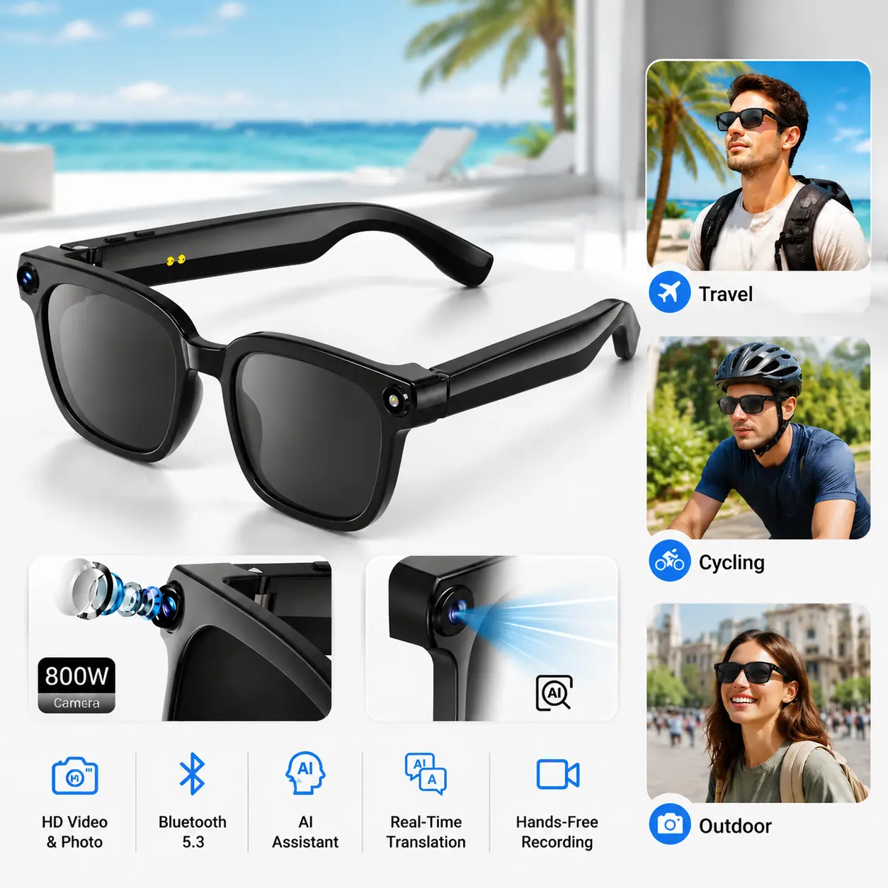 Unisex Adults Smart Camera Glasses for Phone Connectivity, HD Video & Photo, Waterproof Wireless Bluetooth Wearable, AI Assistant, Real-Time Translation, Hands-Free Recording for Hiking, Cycling, Water Proof