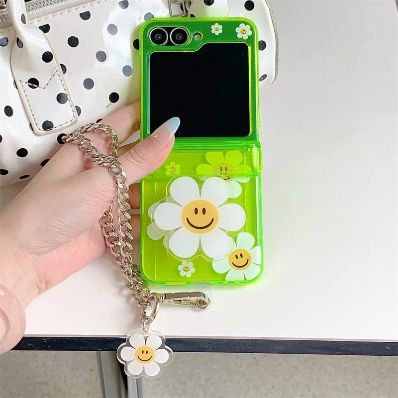 Phone Case For Samsung Galaxy Z Flip 7 FE 6 5 4 3 Fluorescent Green Insert Cards Cute Flower Stand Bracelet Shockproof Cover